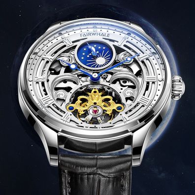 Herren-Sonne-Mond-Stern-geschnitzte hohle mechanische Uhr