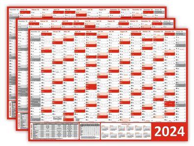 3x Wandkalender DIN A0 2024 rot gerollt Wandplaner inkl. Ferien & Feiertage