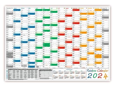 Rainbow Wandkalender DIN A1 2024 gefaltet Wandplaner inkl. Ferien & Feiertage