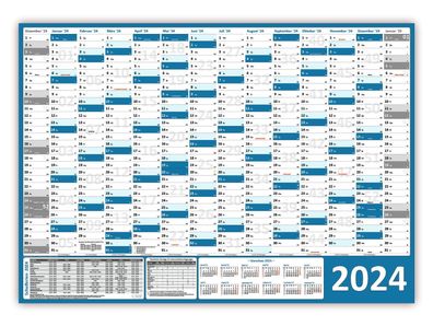 Wandkalender DIN A1 2024 blau gerollt Wandplaner inkl. Ferien & Feiertage