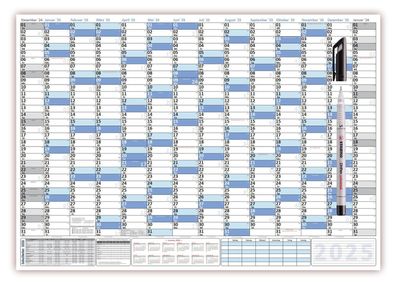 Wandkalender DIN B1 2025 nass abwischbar + Folienstift 100x70cm Kalender gerollt