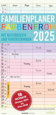 Kalender 2025 -Familienplaner Farbenfroh 4 Spalten fér 18 Monate 2025- 22 x 45cm