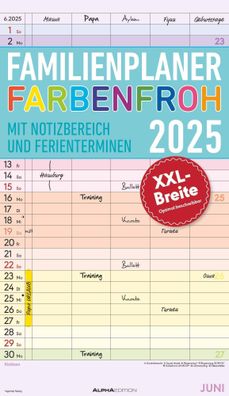 Kalender 2025 -Familienplaner Farbenfroh mit 5 Spalten 2025- 26 x 45cm