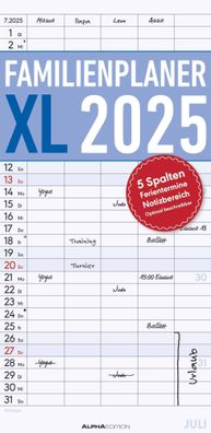 Kalender 2025 -Familienplaner XL mit 5 Spalten 2025- 22 x 45cm