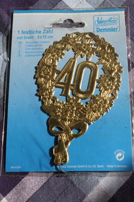 Festliche Zahl zum 40. Geburtstag mit Draht; Größe ohne Draht 80 x 120 mm, goldfarben