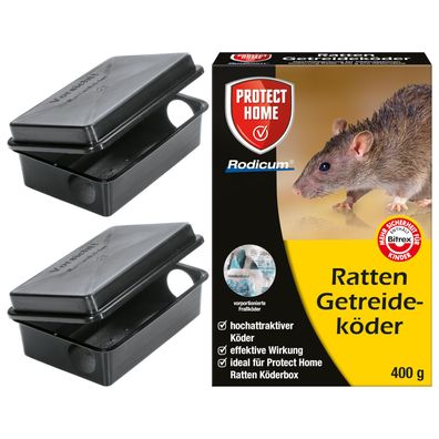 Set zur Rattenbekämpfung - 2x Ratten Köderstation + Rodicum Getreideköder 400 g