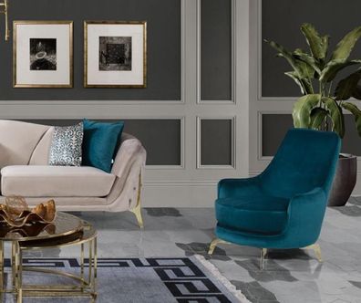 Runder Sessel Design Wohnzimmer Polster Holz Polster Moderne Luxus blau Neu