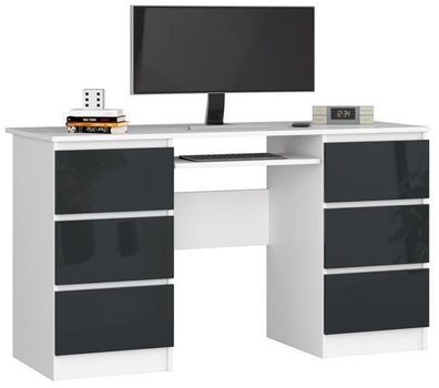 PC-Schreibtisch AKORD A11 Weiß mit 6 Schubladen Front Graphit Glanz 135 x 77 x 50 cm