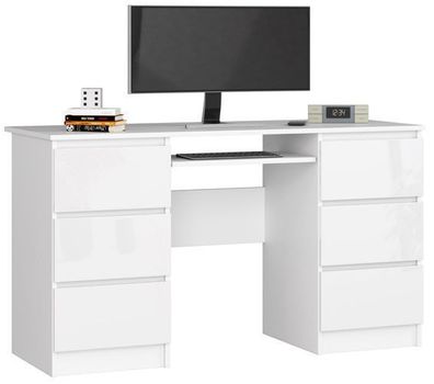 PC-Schreibtisch AKORD A11 Weiß mit 6 Schubladen Front Weiß Glanz B135 x H77 x T50 cm