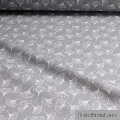 Stoff Baumwolle Popeline grau Ginkgo Blatt 160 cm breit