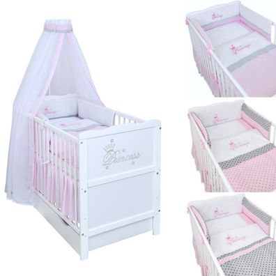 Babybett Kinderbett Princess 60x120 Weiß mit Schublade Bettset Komplett