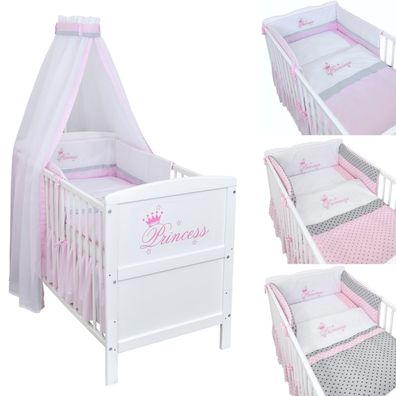 Babybett Kinderbett Juniorbett Natalie Princess 140×70 Weiß mit Bettset