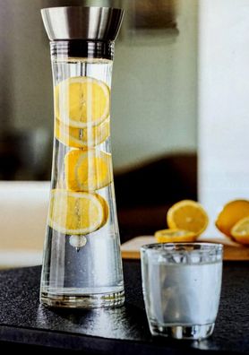 Glas Wasserkaraffe 1 Liter mit Fruchtspieß, Ausgießer und Reinigungsbürste