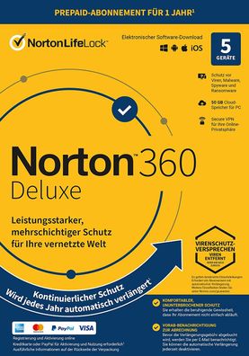 Norton 360 DELUXE 5 Device 1 Jahr VPN 50GB PC, iOS, MAC, Android ABO ESD