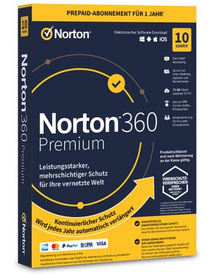 Norton 360 Premium 10 Geräte 1 Jahr inkl.75GB PC, iOS, MAC, Android ABO ESD