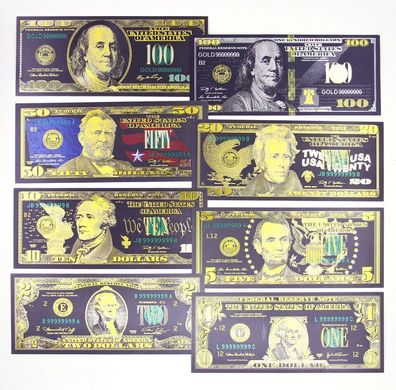 8 Stück schwarz vergoldete USA Sammler Banktnoten