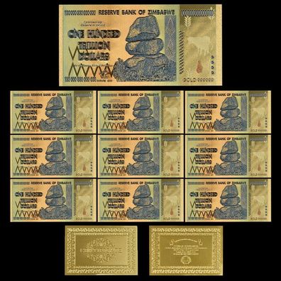 10 Stück Hundred Trillion Souvenier Dollar Gold Plated Banknote Zimbabwe