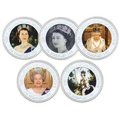 5er Set Queen Elizabeth II 70. Jahrestag Platinum Jubileum Silber Plated
