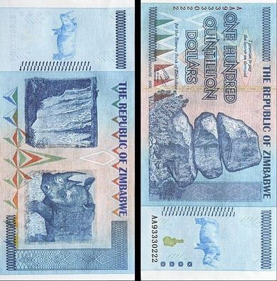 100 Quintillion $ AA Banknote Zimbabwe 2008 Bankfrisch(5 Scheine)