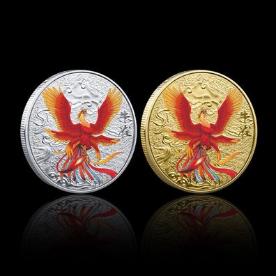 2 Medaillen Zinnoberroter Vogel Chinas vier heilige Tiere, Neusilber/ vergoldet