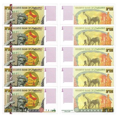 Simbabwe/ Zimbabwe/5 Banknoten/ One Bicentillion Dollars/ Bankfrisch