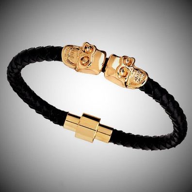 Schwarzes goldenes Skull/ Schädel Leder Armband für Frauen und Männer