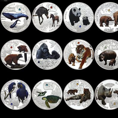12 Stück seltene Medaillen Bedrohte Tierarten Neusilber