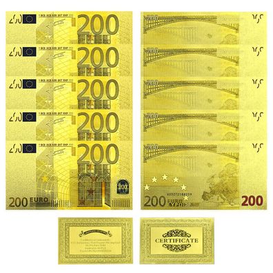 5 x 200 Euro Banknoten + Zertifikat Gold Plated