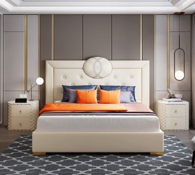 Großes Weißes Schlafzimmer Doppelbett Designer Holzgestell Modernes Bett