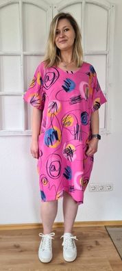 Italy 42 44 46 Sommerkleid Leinenkleid knielang kurzarm Taschen bunter Print Pink