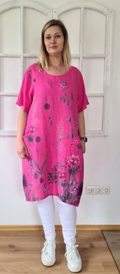 Italy 42 44 46 Sommerkleid Leinenkleid kurzarm Taschen Blumenprint Pink