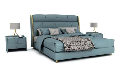 Blaues Schlafzimmer Doppelbett Designer Möbel LED-Bett Holz Textilbetten