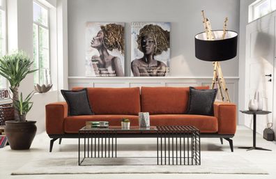 Sofa Orange Couch Dreisitzer Stoffsofa Polstersofa Modern Stoff 3 Sitz