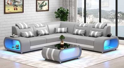 Ecksofa Ledersofa L Form Couch Sofa Grau Luxus Moderne Eckgarnitur LED