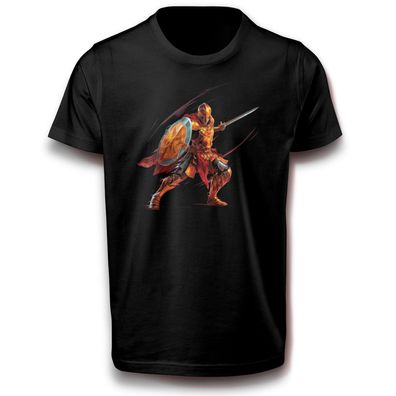 Gepanzerter Elfen Krieger Scorrmias Kämpfer mit Schwert im Flammen Schild T-Shirt