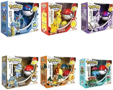 Neu Pokemon-Figuren mit Pokéball - Garados, Mewtu, Pikachu, Bisaflor, Turtok, Glurak