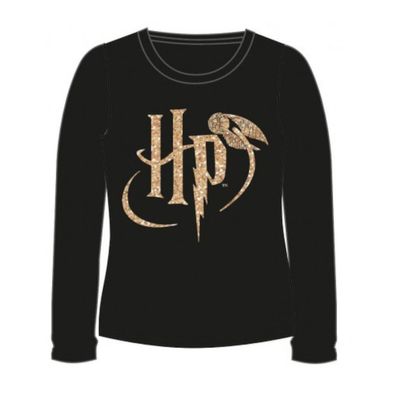 Harry Potter Langarm-Shirt - goldenes Glitzer-Logo mit Eule - Schwarz