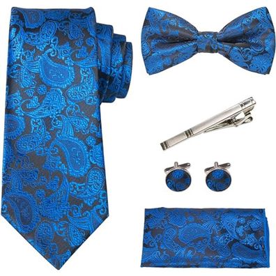 Paisley Krawattenset Geschenk für Männer Krawatte Blau Schwarz Fliege Manschetenknopf