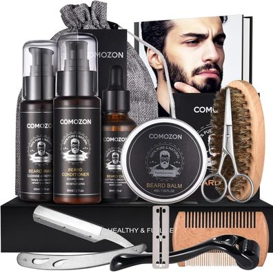 Bartpflege Set für Männer mit Bartroller Bartwuchsmittel Bartshampoo Öl Balsam