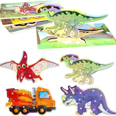 9-10 Stück Holzpuzzle Dinosaurier Autos für Kinder 2 3 4 Jahre Montessori