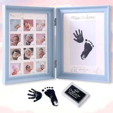 Baby Handabdruck Fußabdruck Fotoalbum Fotorahmen Erstes Jahr Blauer Bilderrahmen