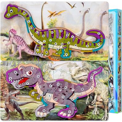 26 Stück Dino Puzzle Holz Montessori Spielzeug für Kinder 2-4 Jahre T Rex