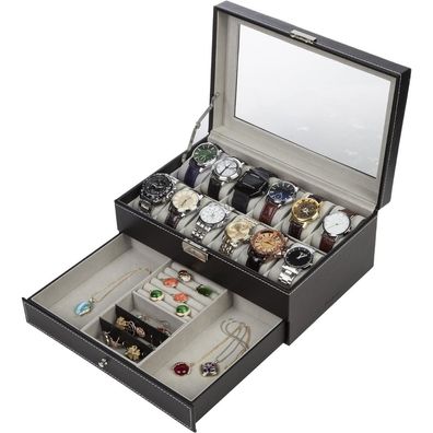 2 Schichten XL Uhrenbox für 12 Uhren PU-Leder Glasdeckel Schmuckkästchen