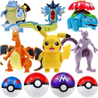 6 Pokemon Figuren mit Pokéball - Bisaflor, Garados, Mewtu, Glurak, Pikachu, Turtok