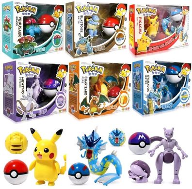 Pokemon Figuren mit Pokéball - Garados, Mewtu, Pikachu, Bisaflor, Turtok, Glurak