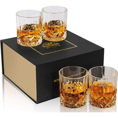 4er Whisky Gläser Set Kristallgläser 300ml Geschenke für Männer Schöne Box