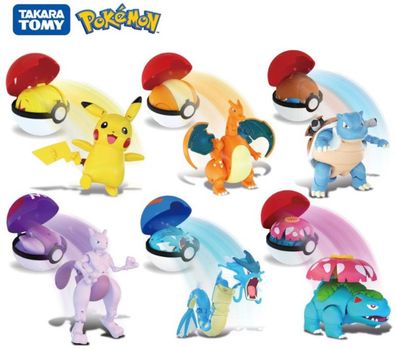 Sechs Pokemon Figuren mit Pokéball: Garados, Bisaflor, Turtok, Glurak, Mewtu, Pikachu