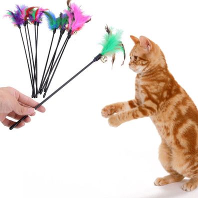 10 Katzenspielzeug Haustier Katzenangel Spielangel Spiel Feder Stock mit Glocke.