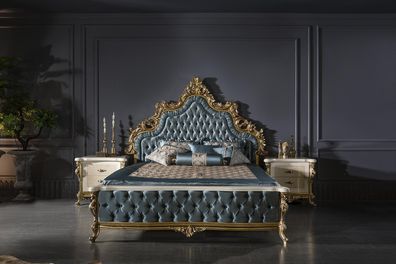 Klassisches Chesterfield Bett Schlafzimmer Set Blau 2x Nachttische Gold 3tlg.