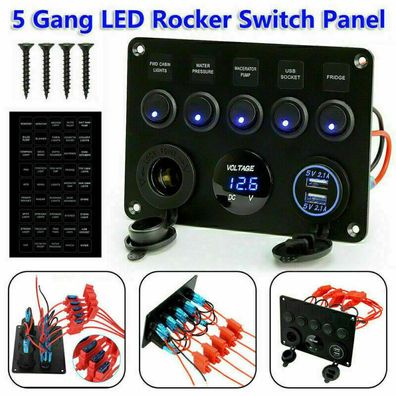 5 Gang LED Schaltpanel Schalter Schalttafel Voltmeter 12V-24V USB fur Bus Boot